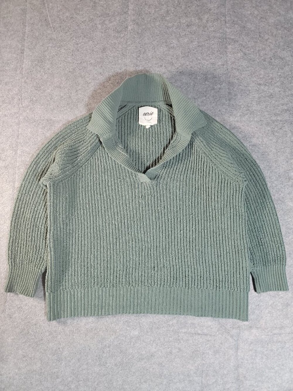 Aerie Oversized Chunky Knit Collared V-Neck Sweater Sage Green Womens Size XS